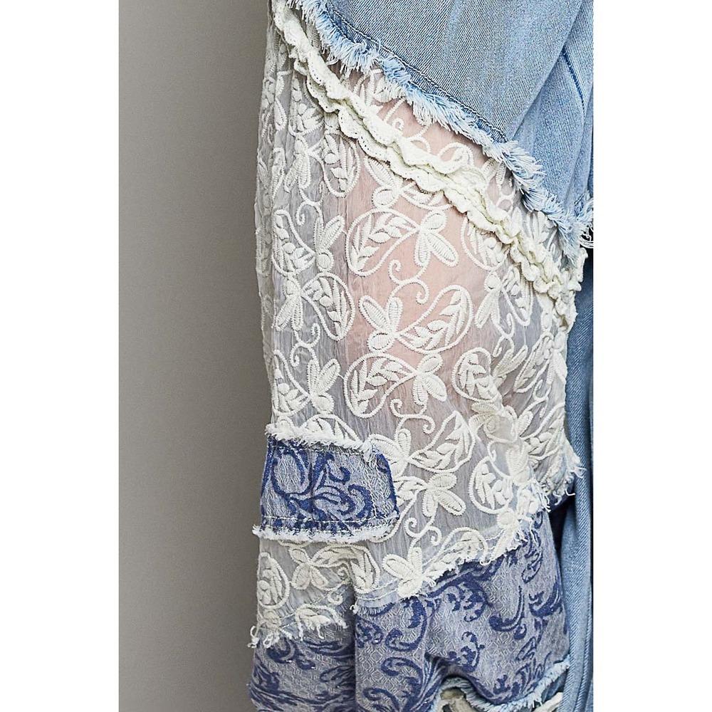 POL Patchwork Denim Jogger Pants Lace Crochet Trim Boho Festival SIZE MEDIUM - Picture 8 of 9